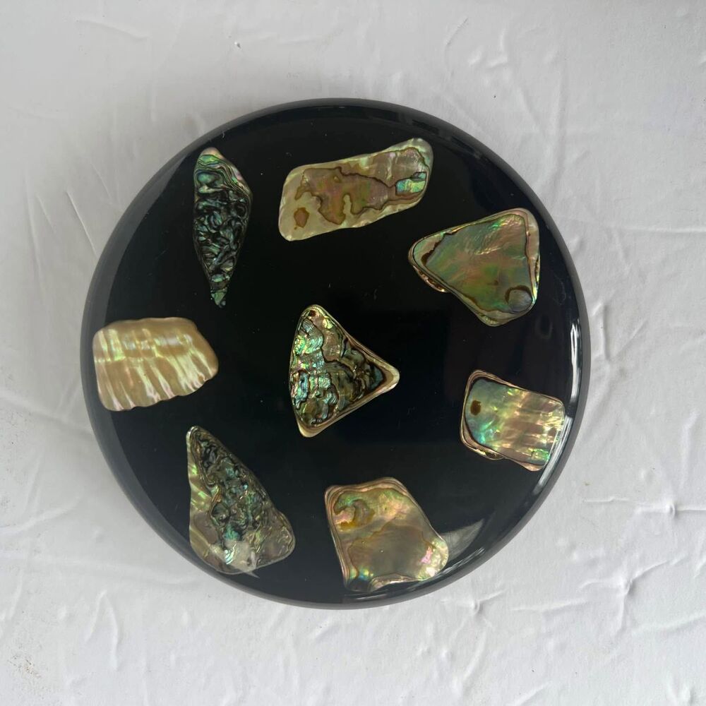 Vintage Acrylic Lucite Abalone Shell souvenir black trivet hot plate